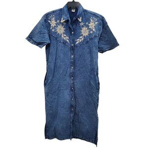 Passion Vintage Western‎ Pearl Beaded Rodeo Queen Acid Wash Denim Shirtdress S